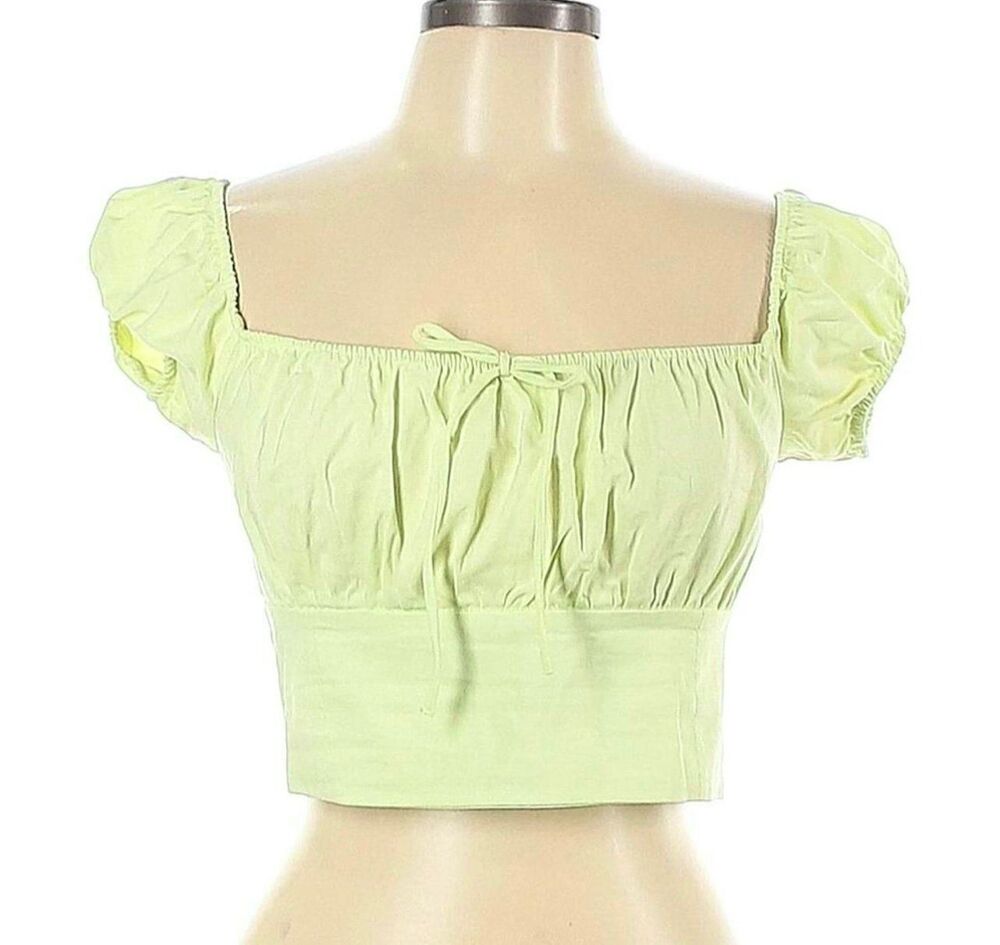 ZARA Smocked Puff Sleeve Milkmaid Crop Top Lime Green L-XL